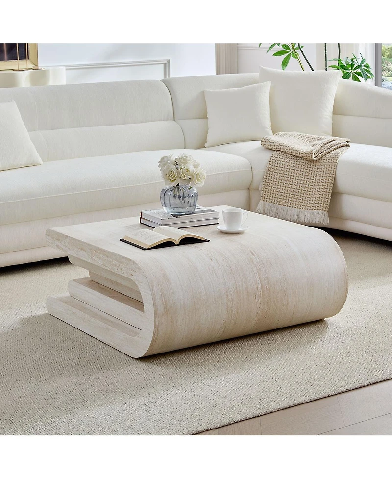 Streamdale Furniture Faux Travertine Square Coffee Table, Modern Layered Base