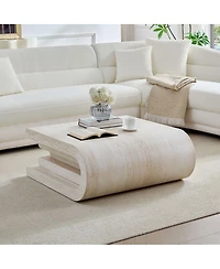 Streamdale Furniture Faux Travertine Square Coffee Table, Modern Layered Base