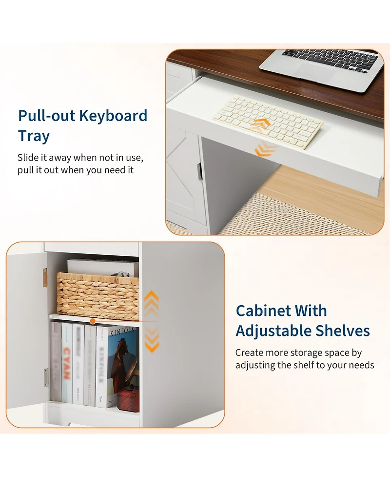 homfan 59" Farmhouse Desk - 4 Drawers, Charging Station and Keyboard Tray, Adjustable Shelves for Home Office and Studio