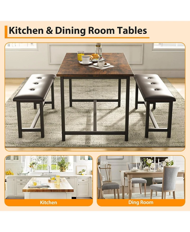 homfan 4-Person Dining Set with 2 Benches – Rectangular Table for Small Apartments, Modern Dining Room Bench Set for 4
