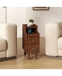 Gymax Solid Wood End Table w/ Pull-out Tray and 2 Storage Drawers Cable Management