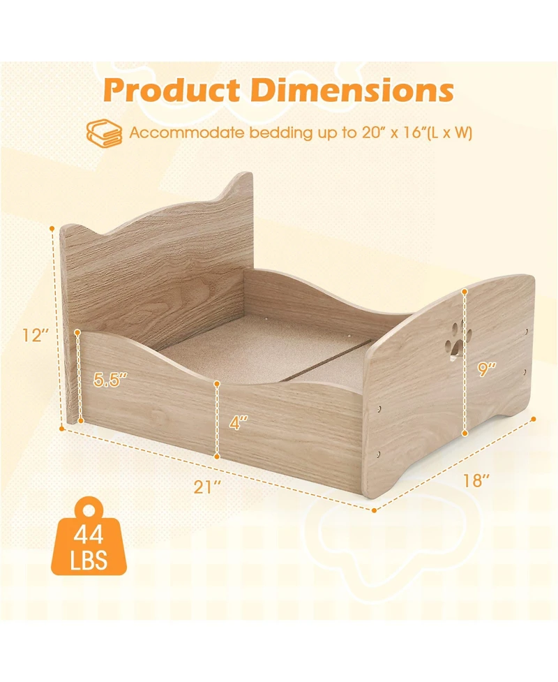 Gymax Elevated Pet Bed Frame Indoor Large Cat Bed With Rails Cute Headboards Animals Bed