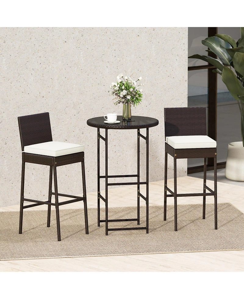 Sugift 3 Piece Outdoor Bar Set with Pe Wicker Stools, Tempered Glass Table and Cushions
