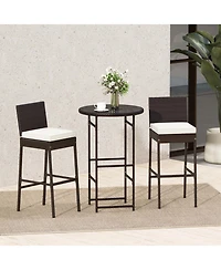 Sugift 3 Piece Outdoor Bar Set with Pe Wicker Stools, Tempered Glass Table and Cushions