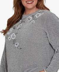 Alfred Dunner Plus Classic Embroidered Floral Textured Chenille Sweater