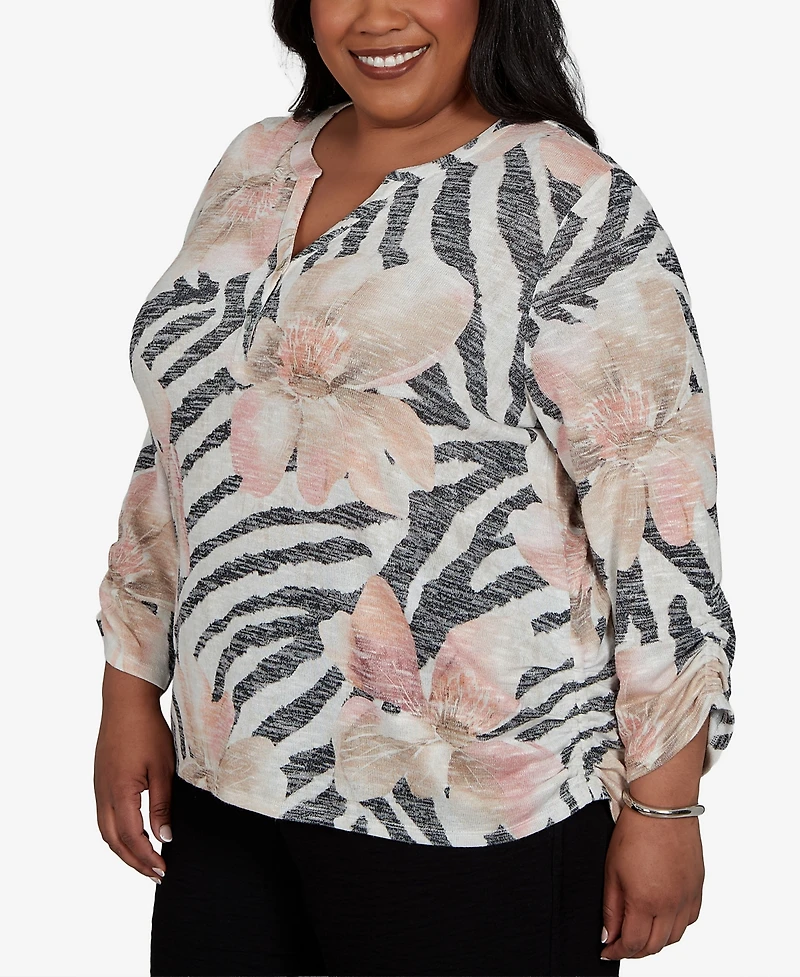 Alfred Dunner Plus Travel Advisory Animal Floral Henley Top