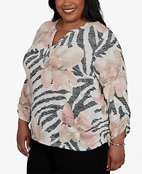 Alfred Dunner Plus Travel Advisory Animal Floral Henley Top