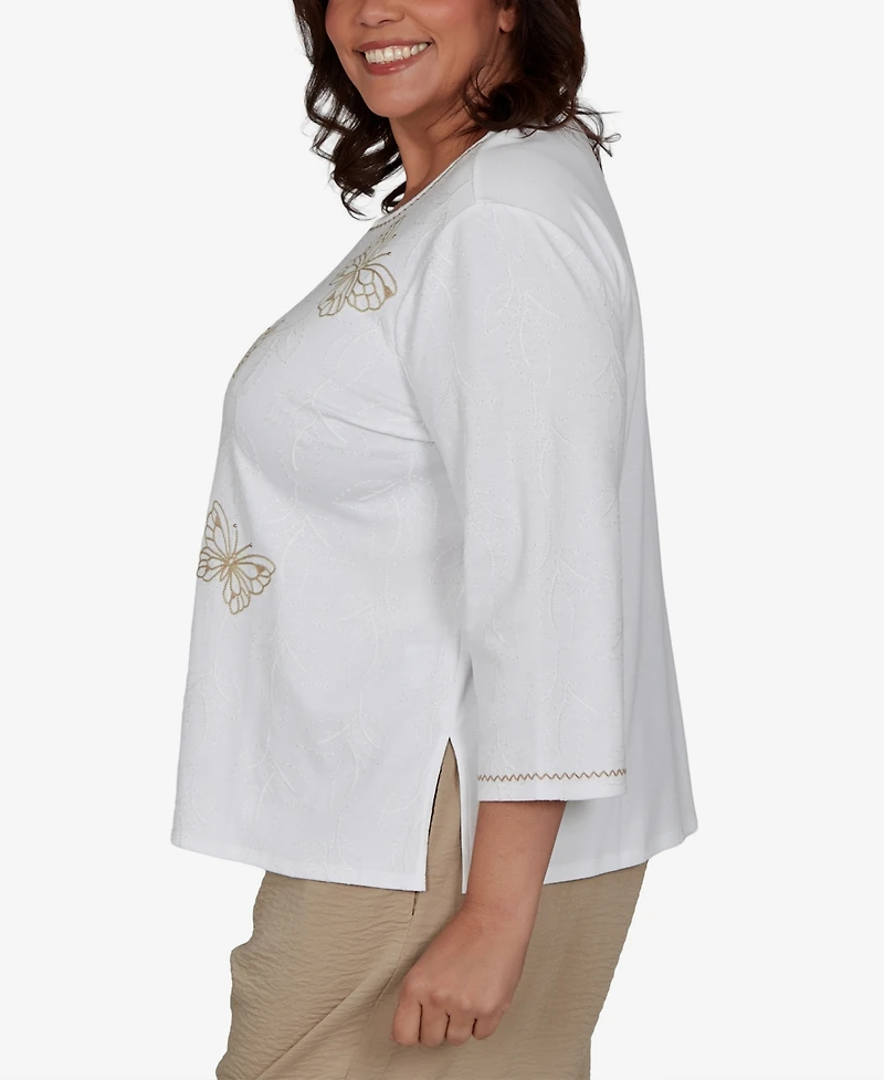 Alfred Dunner Plus Travel Advisory Floral Butterfly Line Embroidered Top