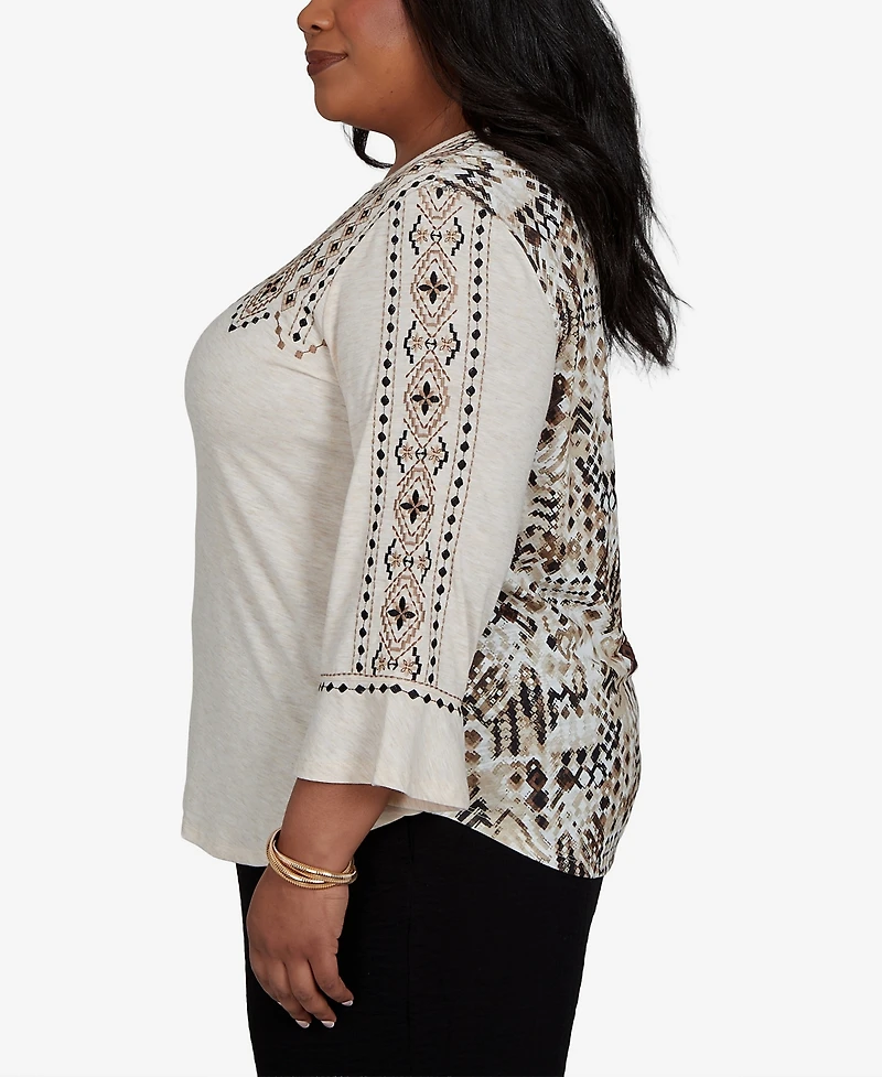 Alfred Dunner Plus Travel Advisory Geo Embroidered Printed Back Top