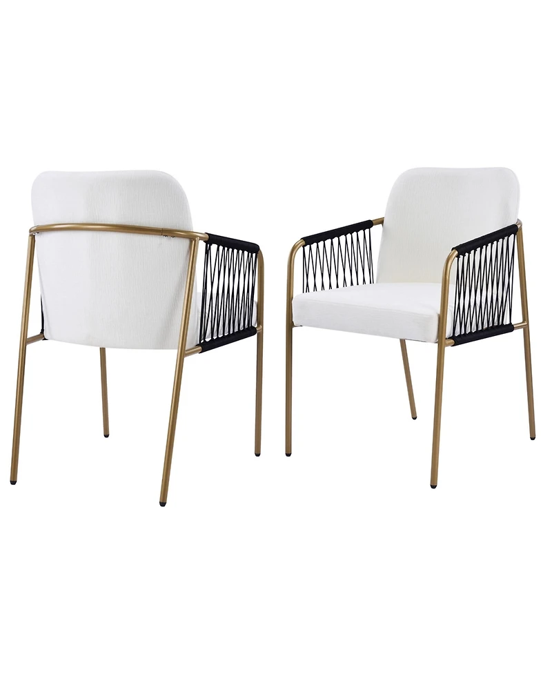 Boyel Living 2-Piece Modern Glam Dining Chairs, Metal Frame, Fabric Seat and Woven Arms, Mid-Century