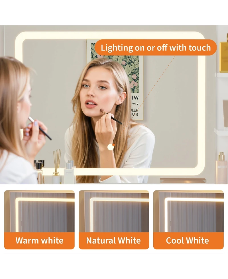 gaomon Led Makeup Vanity Desk with Mirror and Chair, Dressing Table Featuring Power Outlet, Hair Dryer Holder and 5 Drawers, Vanity Table