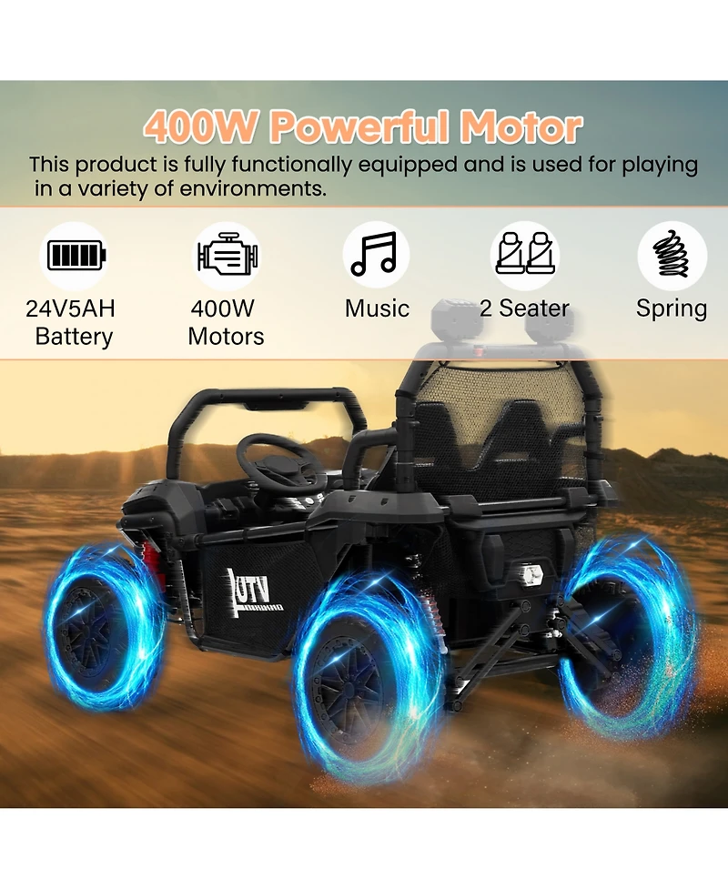 homfan 2-Seater Electric Ride-On Utv Car, Remote Control, Spring Suspension, Led Lights, Wireless, Spacious Seat, Treaded Tires, Metal Frame