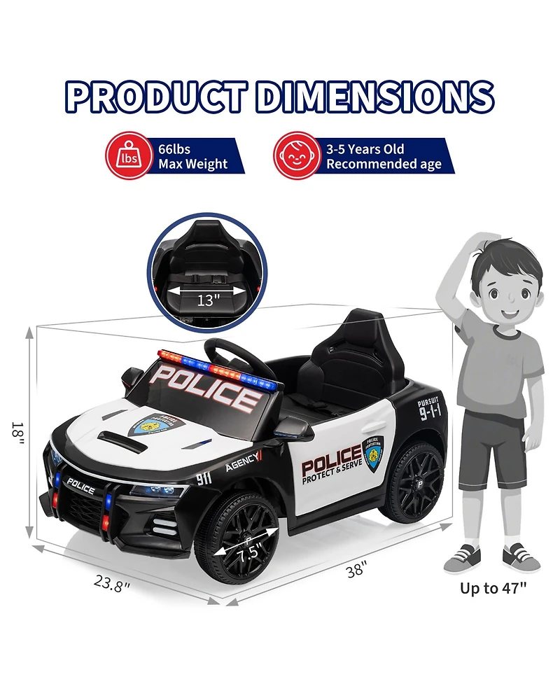homfan 12V Licensed Toyota Police Ride On Car, 4WD, Remote Control, Led Lights, Music, Spring Suspension, Safety Belt, Truck Bed Storage