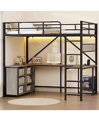 homfan Full Loft Bed with U-Shaped Desk – 6 Cubbies, Power Outlet, Led Lights and Pc Stand, Heavy Duty Metal Frame for Apartment and Small Space