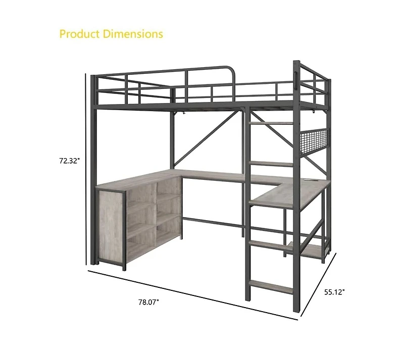 homfan Full Loft Bed with U-Shaped Desk – 6 Cubbies, Power Outlet, Led Lights and Pc Stand, Heavy Duty Metal Frame for Apartment and Small Space