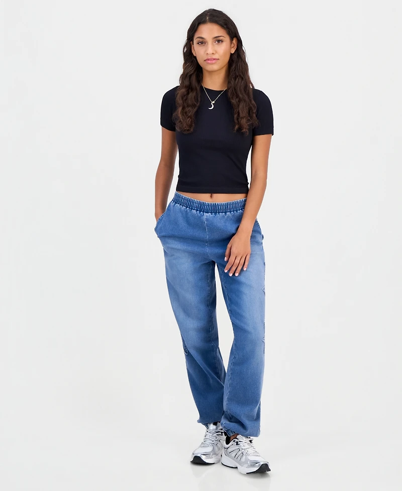 Vanilla Star Juniors' High-Rise Star-Applique Denim Jogger