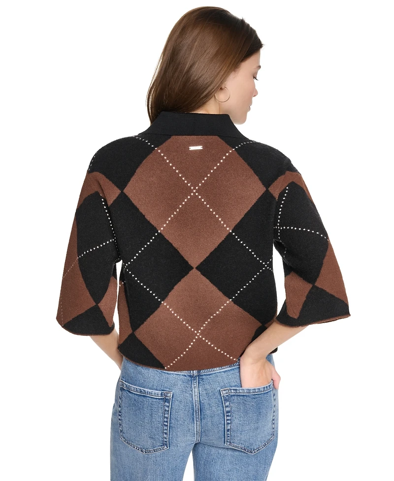 Dkny Jeans Petite Argyle Button-Front Sweater