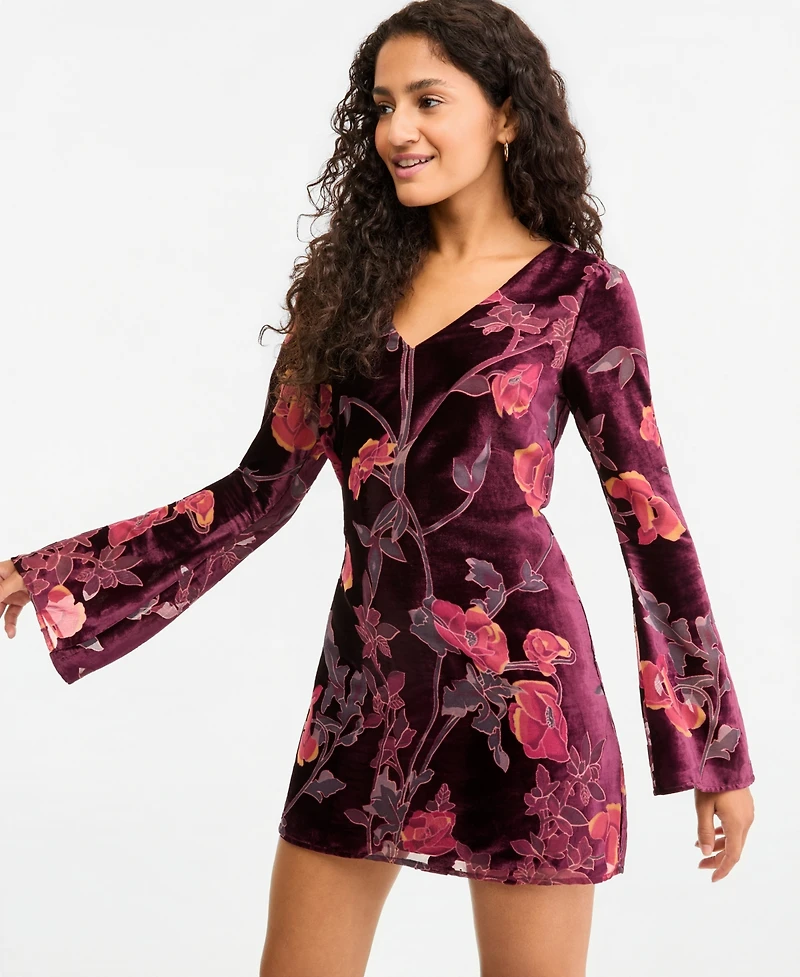 Seni & Cade Women's Burnout Velvet Floral-Print Bell Sleeve Mini Dress