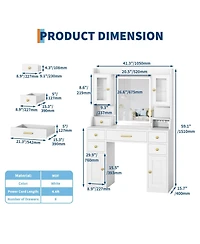 gaomon Vanity Desk with Charging Station and Led Mirror, Large White and Gold Makeup Dressing Table, 3 Light Modes, 6 Drawers, Cabinet and Shelves