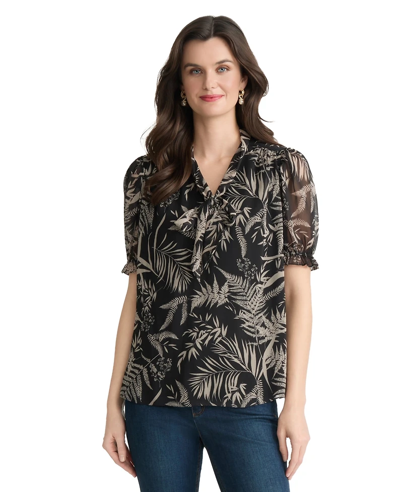 Jones New York Women's Tie-Neck Puff-Sleeve Top