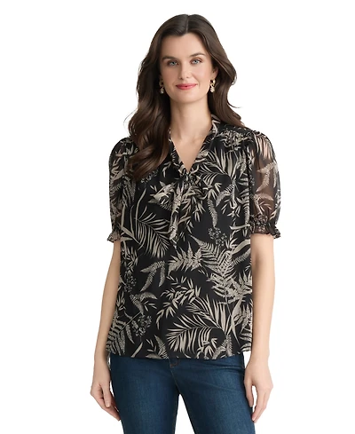 Jones New York Women's Tie-Neck Puff-Sleeve Top