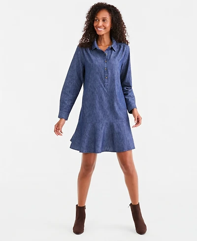 Style & Co Women's Long-Sleeve Peplum Cotton Shirt Dress, Macy's Exclusive