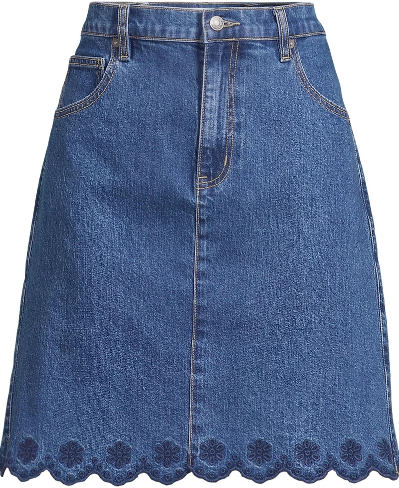 Lands' End Women's Soft Denim 5 Pocket Above the Knee Skirt with Embroidered Hem