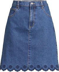 Lands' End Women's Soft Denim 5 Pocket Above the Knee Skirt with Embroidered Hem