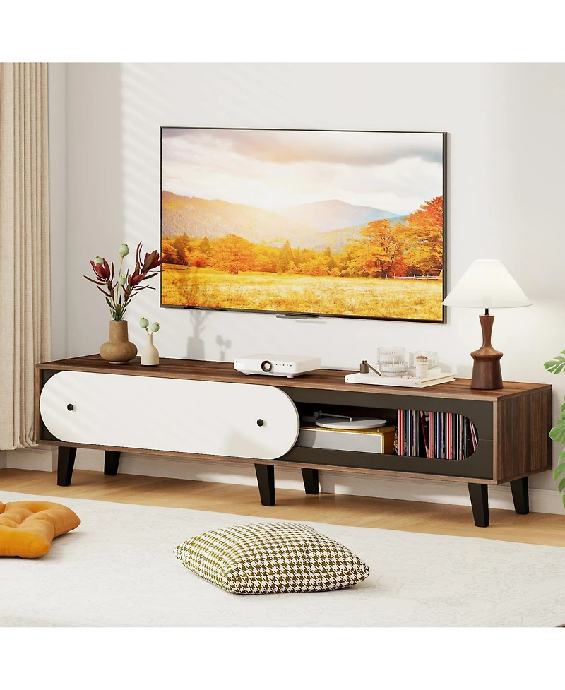 Slickblue Mid-Century Tv Stand for 80" TVs with Sliding Door Cabinet