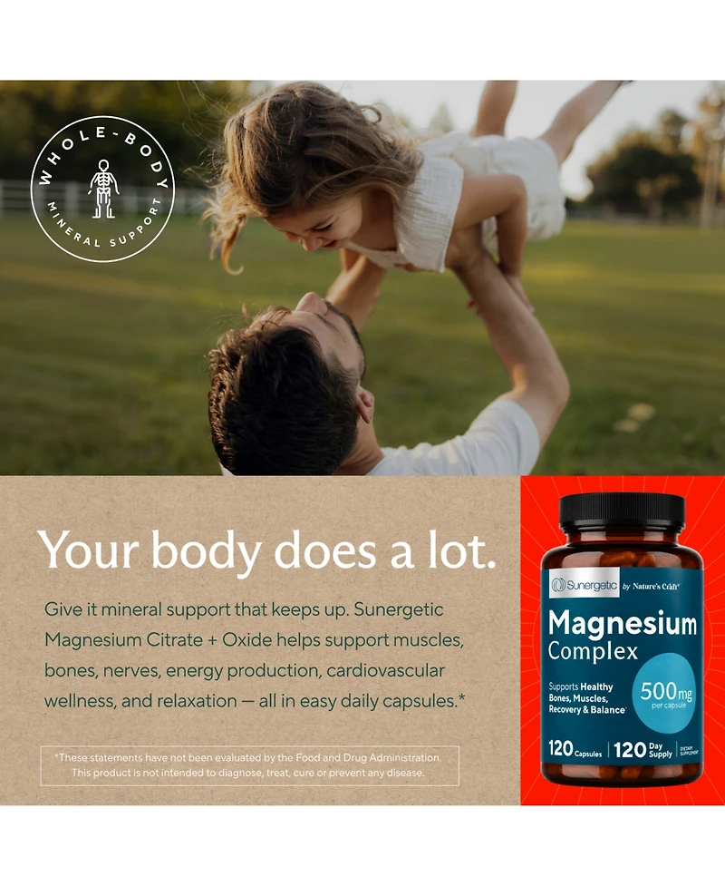 Sunergetic Magnesium Citrate and Oxide 500mg Capsules for Bone, Muscle and Energy Support, 120 Count