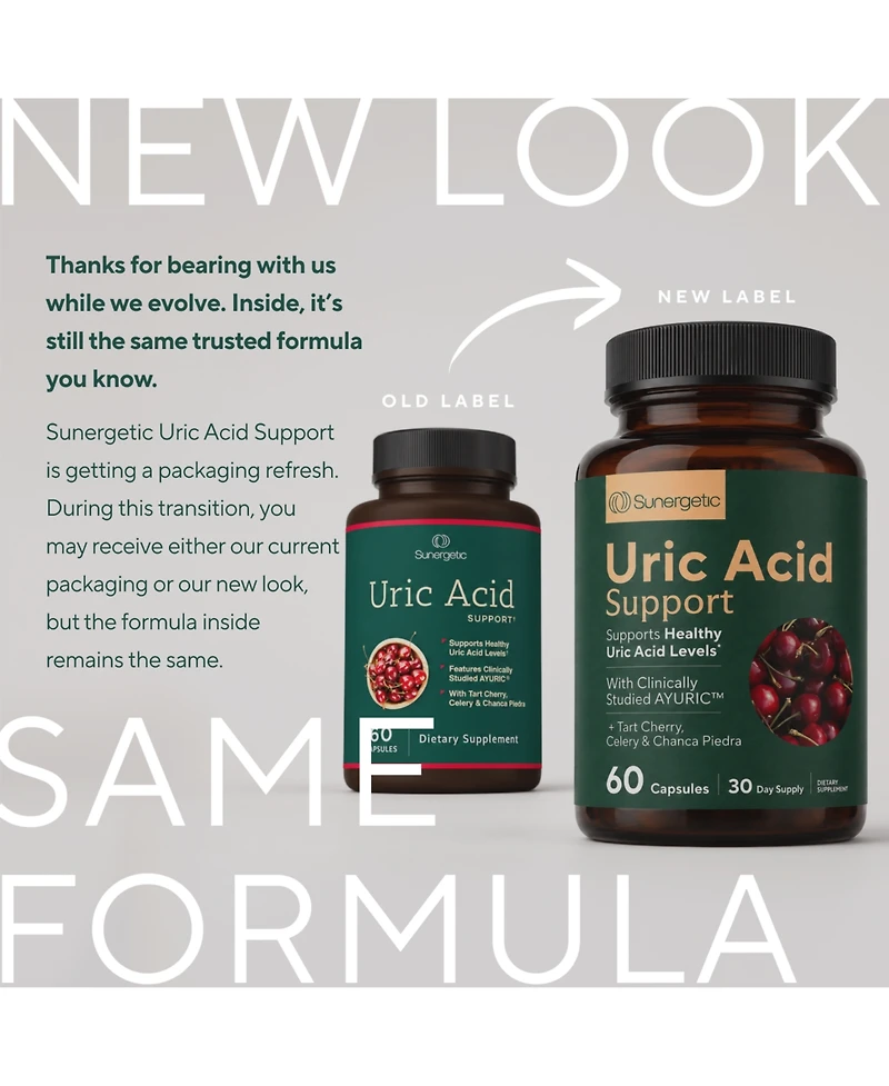 Sunergetic Uric Acid Support Supplement with Tart Cherry, Chanca Piedra and Turmeric, Uric Acid Cleanse and Kidney Support, 60 Capsules