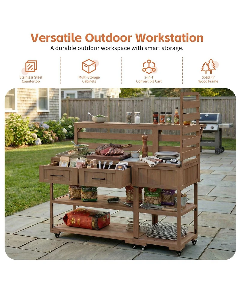 Streamdale Furniture Solid Wood Patio Kitchen Island With Stainless Steel Top And Storage
