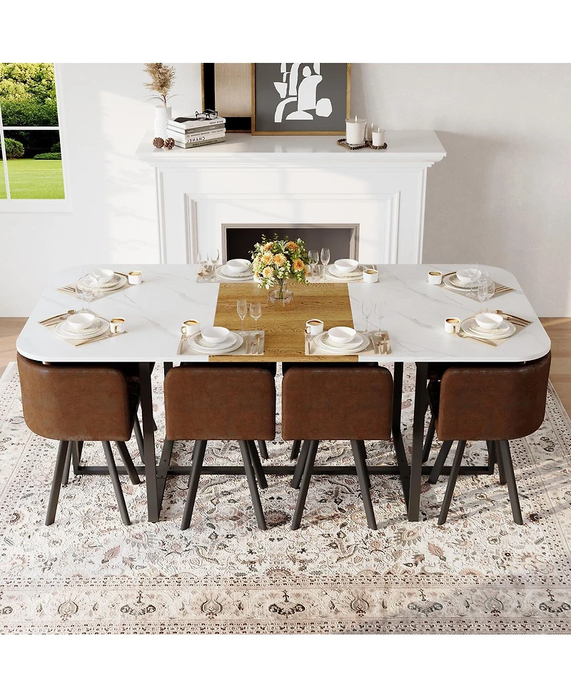 Streamdale Furniture 9-Piece Square Faux Marble Dining Set with 8 Suede Chairs