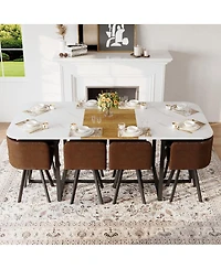 Streamdale Furniture 9-Piece Square Faux Marble Dining Set with 8 Suede Chairs