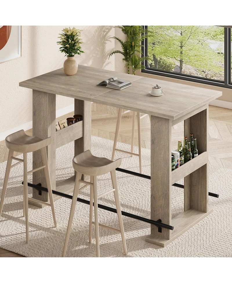 homfan 63-Inch Farmhouse Bar Table with Storage Shelves and Metal Footrest, Counter Height Pub Table for Kitchen