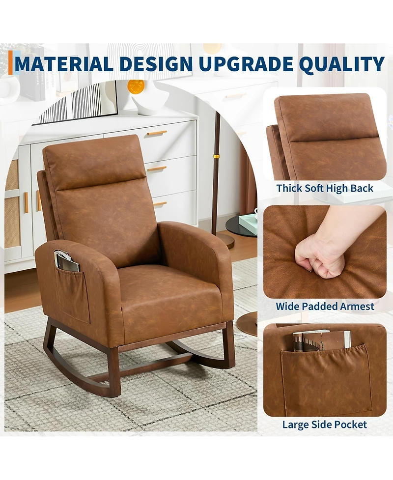 homfan Modern Hospitality Rocking Chair – Teddy Upholstery, High Back ,Armrest ,Wingback, Side Pockets Rubber Wood Legs for Restaurant or Office