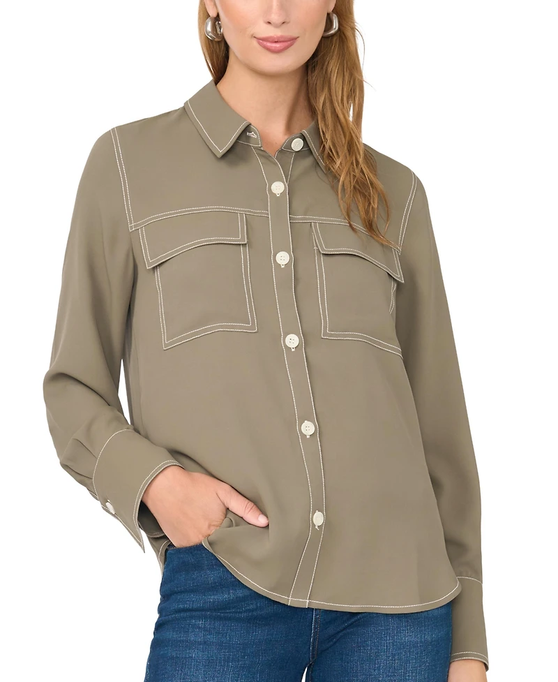 Vince Camuto Women's Contrast Stitch Button Front Collared Top