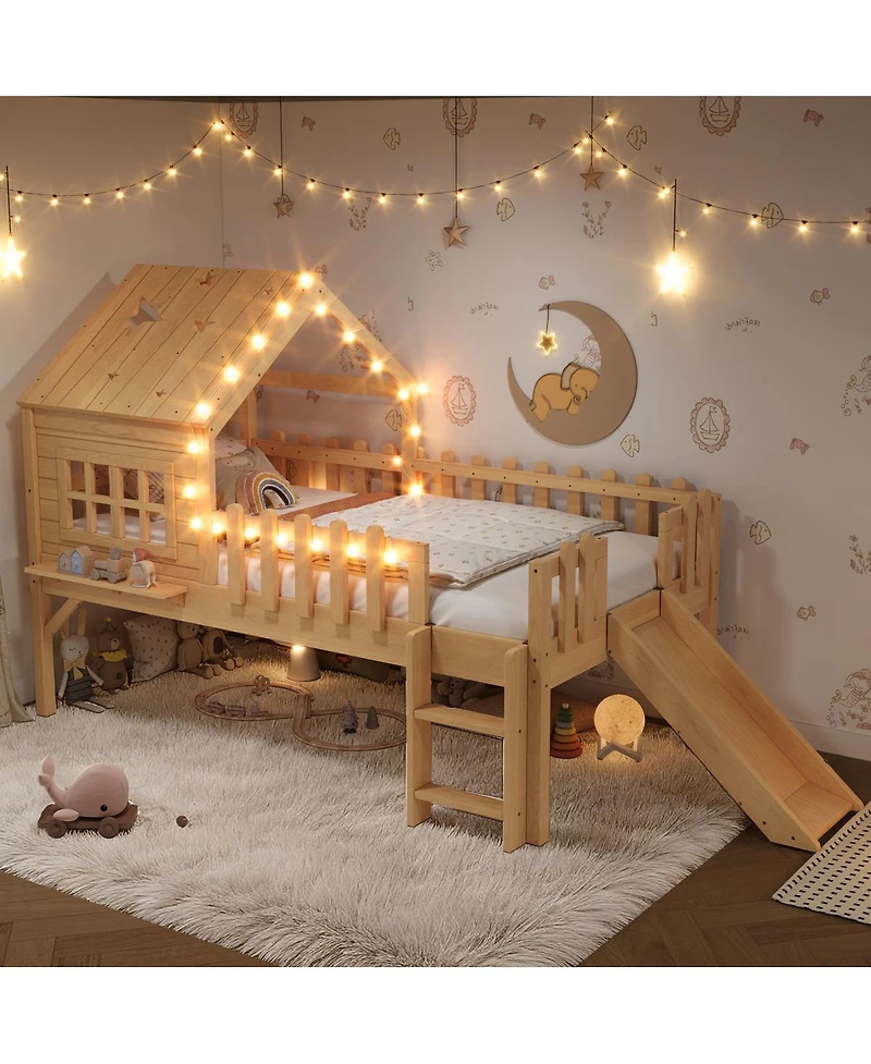 Streamdale Furniture Loft Bed with Slide, Playhouse, Stars, Window, Led Lights