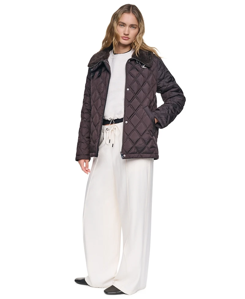 Dkny Women's Sherpa Collar Diamond-Quilted Coat