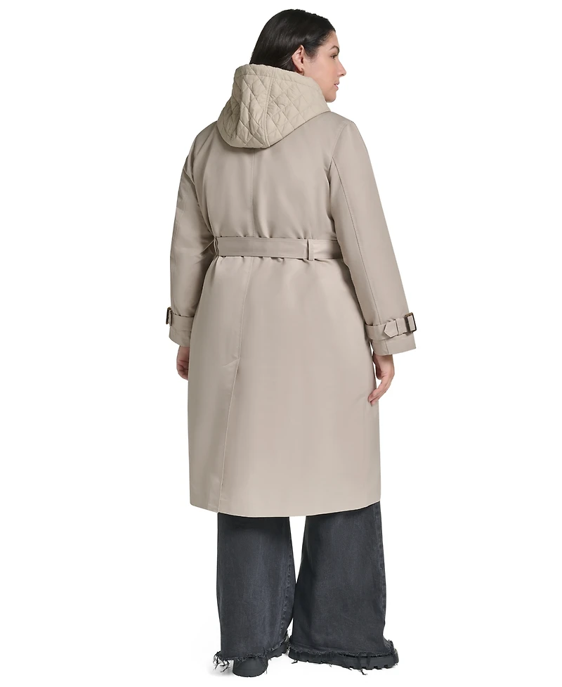 Dkny Women's Double Breasted Belted Trench with Hooded Bib Coat