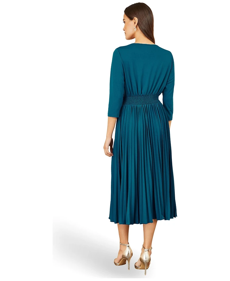 Yumi Women's V-Neck 3/4 Sleeve Pleated Midi Dress