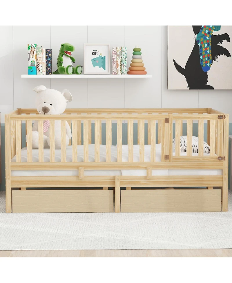 Streamdale Furniture Twin Wood Daybed With Drawers, Fence Rails, Floor Bed Option
