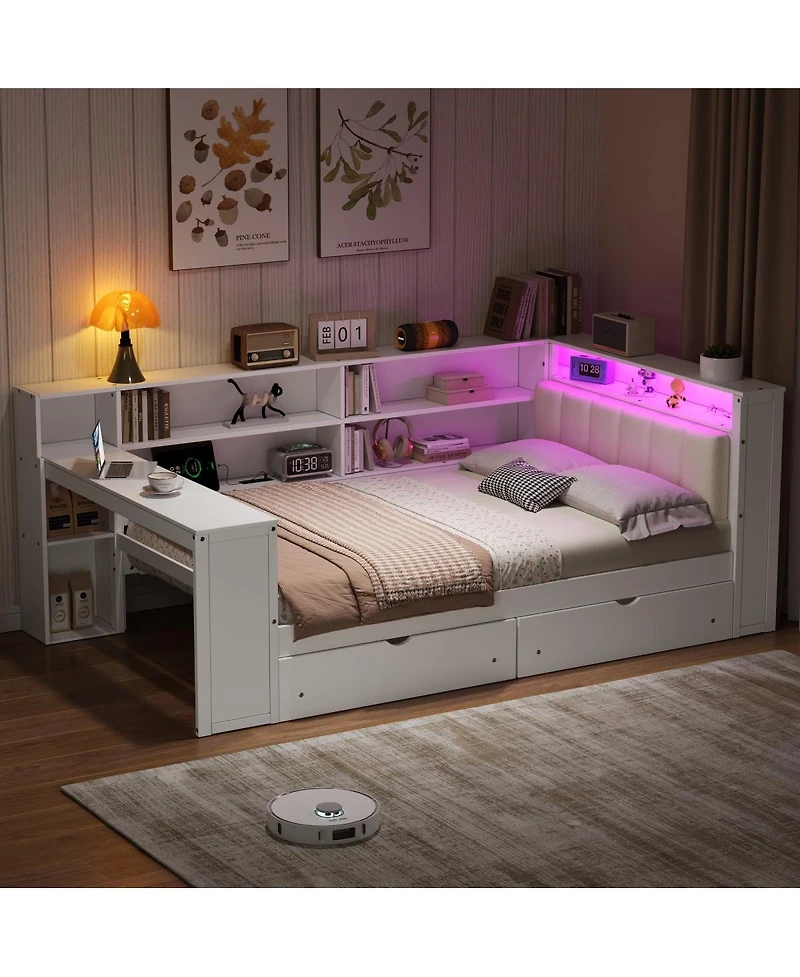 Streamdale Furniture Wood Platform Bed With Storage, Desk, Led, Charging