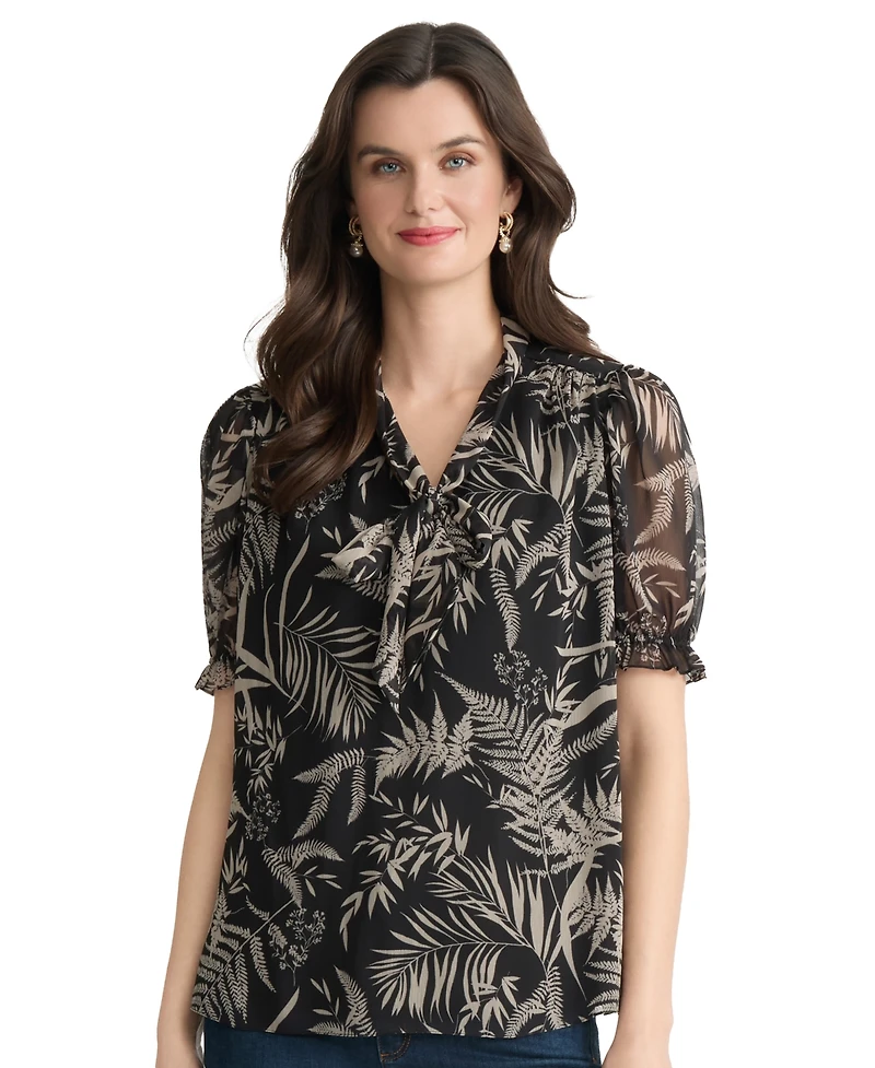 Jones New York Women's Tie-Neck Puff-Sleeve Top