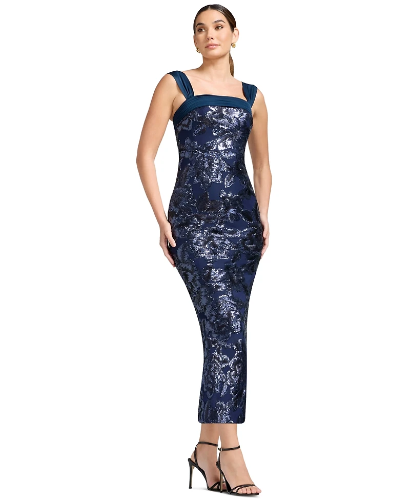 Dress the Population Women's Sequin Square Neck Bodycon Tea Length