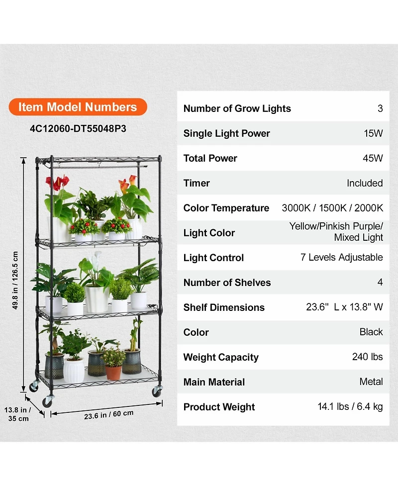 Vevor Plant Stand with Grow Lights 4 Tiers 45W 49.8" Tall Plant Grow Shelf