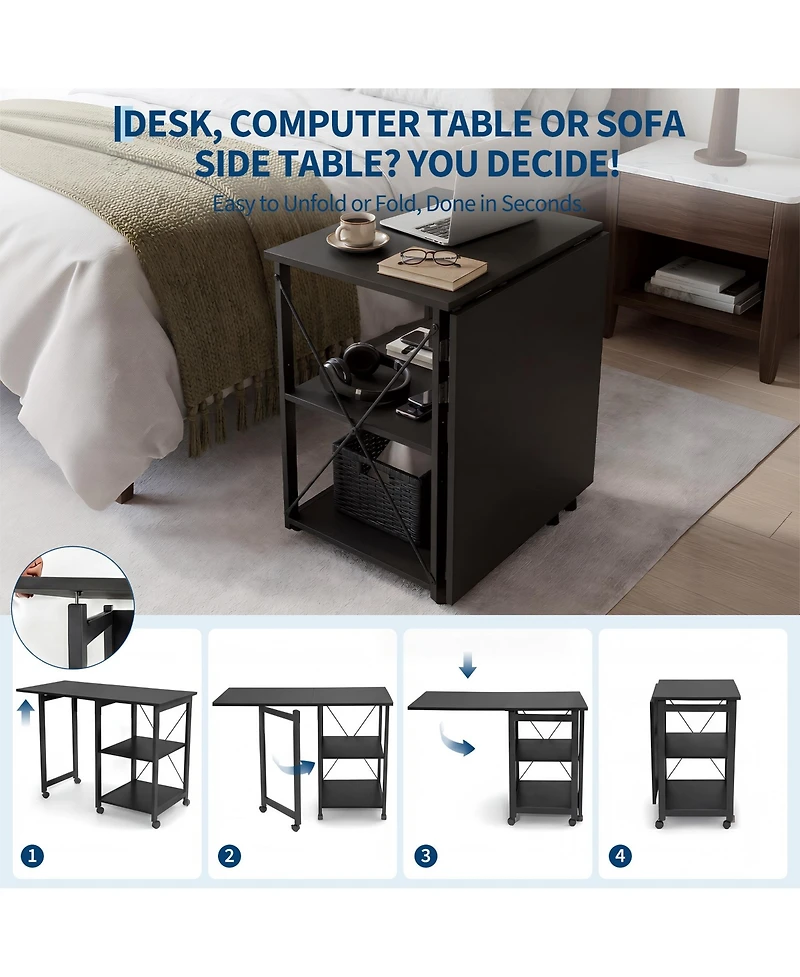 Gaomon 31.5" Rolling Folding Desk with Storage Shelf and Side Organizer