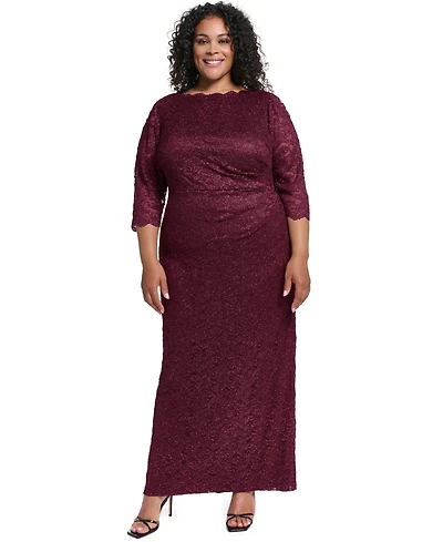 Jessica Howard Plus 3/4-Sleeve Side Tuck Lace Gown