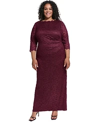 Jessica Howard Plus 3/4-Sleeve Side Tuck Lace Gown