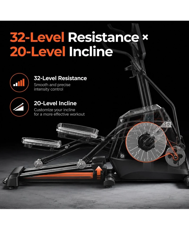 Fed Fitness Yosuda EM2 Elliptical Machine with 20" stride, electromagnetic resistance, ultra-quiet operation, and Bluetooth app control.